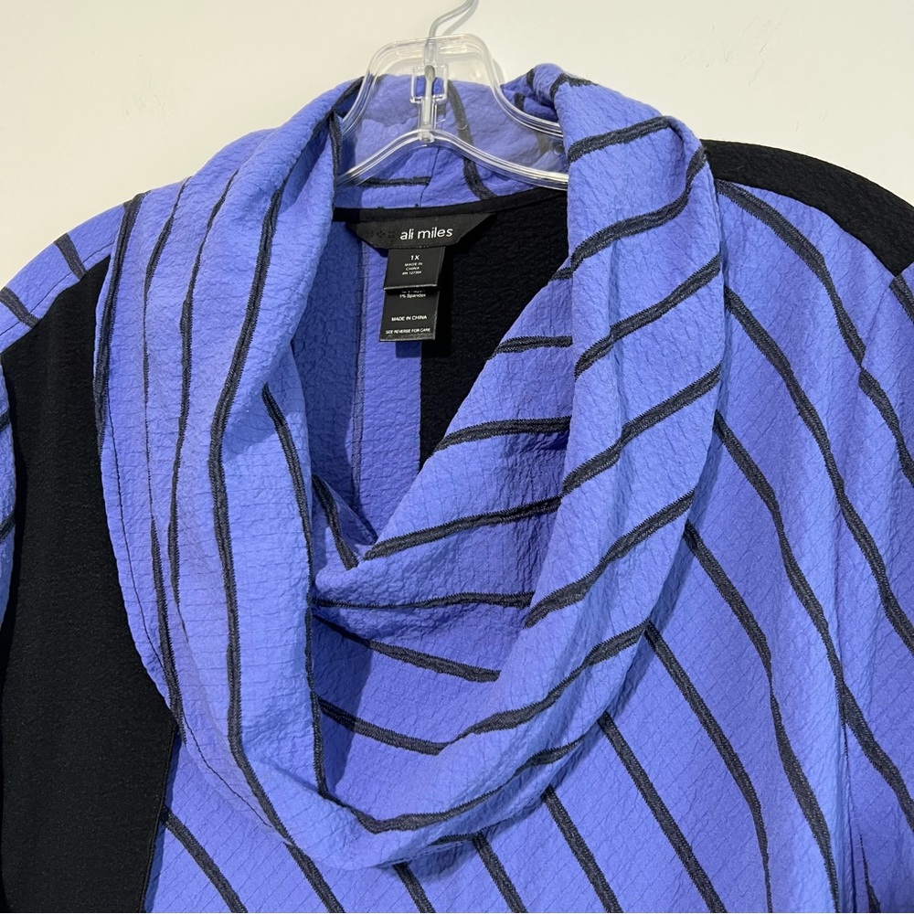 Ali Miles Asymmetrical Striped Tunic With Cowl Neck Black Violet 1X Art To Wear - Picture 6 of 10